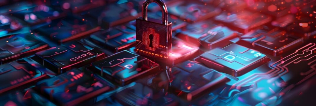 A padlock stands tall on a glowing keyboard, symbolizing digital security, data protection, internet safety, password strength, and cyber defense.