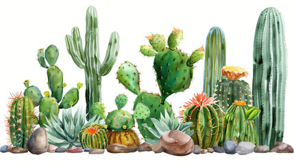 watercolor  illustration of desert planets with Cactus isolated on white background 