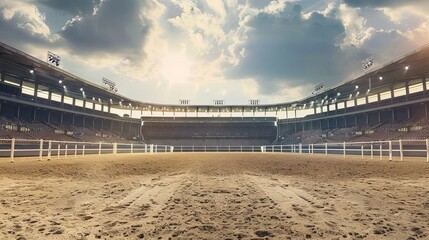 Empty equestrian arena with a sandy surface, white fences, and stadium seating. Open air, sports venue, horse riding, competition preparation, equestrian event Generative by AI