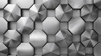 Fototapeta premium A seamless pattern of metallic octagons with a brushed finish, creating a modern and sophisticated aesthetic. The octagons interlock, symbolizing unity, strength, and balance. The silver hue suggests 