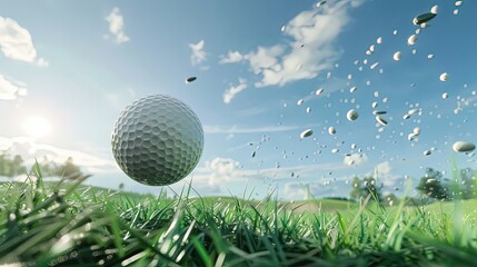 Golf ball flying out of a sand bunker with sand particles in the air at sunset. Dynamic shot, sports action, golfing challenge, outdoor sport. Generative by AI