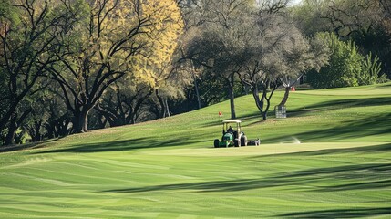 Tractor mowing the grass on a well-maintained golf course surrounded by trees. Maintenance, outdoor sport, greenkeeping, golfing grounds Generative by AI