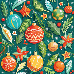 Christmas ornaments and holly seamless pattern Adobe Illustrator Artwork