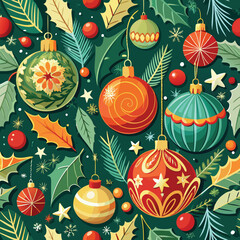Christmas ornaments and holly seamless pattern Adobe Illustrator Artwork