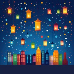 Mid-Autumn Festival city decorated with lanterns flat design illustration