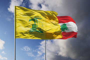 Flags of Hezbollah and Lebanon above blue sky