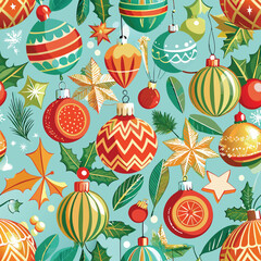 Cartoon Christmas tree decorations and toys seamless pattern. Winter holidays xmas fur tree decorations vector endless design illustration. Christmas holidays background Adobe Illustrator Artwork