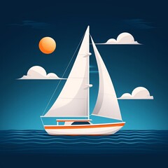Fototapeta premium Illustration of a white sailboat with sails fully extended, set against a sunset sky with clouds over calm blue ocean waters.
