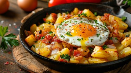 Fototapeta premium A dish of diced potatoes, onions, and meat, fried in skillet and served with a fried egg on top. 