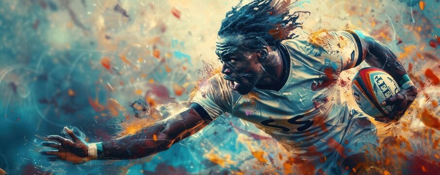 A powerful painting of a rugby player in mid-game action.
