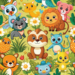 cute cartoon animals seamless pattern Adobe Illustrator Artwork