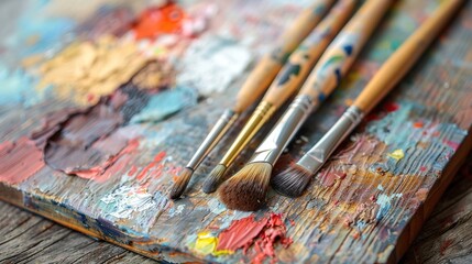 Fototapeta premium Palette and Brush on a Studio Table, Ready for Artistic Creation with Vibrant Paints
