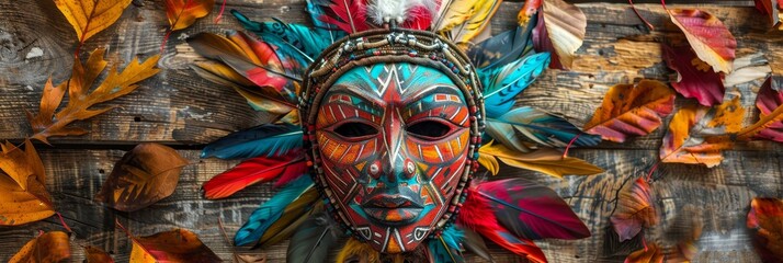A vibrant wooden mask with intricate designs, surrounded by autumn leaves, symbolizing tradition, heritage, nature, and change.