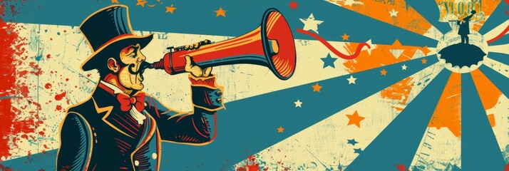 A vintage illustration of a circus announcer with a megaphone, symbolizing promotion, entertainment, excitement, classic style, and retro design.