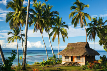 Tropical Beach Hut Surrounded by Palm Trees