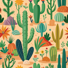 Cactus Boho Seamless Pattern. Cacti repeat background print. Wild West motifs endless texture with cacti, mountains. Vector illustration in retro minimal style Adobe Illustrator Artwork