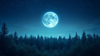 Naklejka premium A moon shining in the sky above a serene forest, creating a tranquil and enchanting atmosphere. Suitable for nature, astronomy, and landscape-related content.