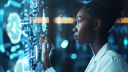 Fototapeta premium A woman in a white lab coat studies a futuristic screen with data visualizations, symbolizing innovation, technology, science, research, and progress.
