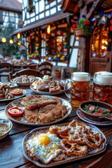 Fototapeta premium Oktoberfest: A table setting with pretzels, and large beer steins, evoking a festive Bavarian atmosphere. German tradition.