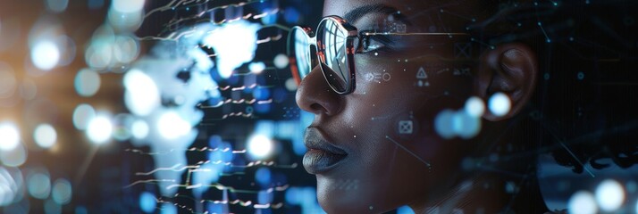 A woman wearing glasses looks intently at a screen, surrounded by abstract symbols and data, representing the vast potential of technology. The image symbolizes innovation, digital transformation, tec
