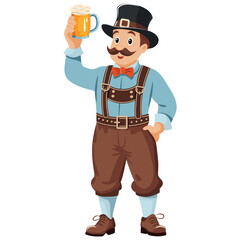 A man in a hat and suspenders holding a beer mug. The man is smiling and he is enjoying his drink