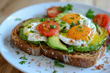 plate of food with a sandwich, avocado, and eggs. The sandwich is toasted and has a tomato slice on top. The plate is set on a wooden table