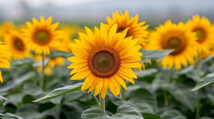 Fototapeta premium A field of sunflowers in full bloom, swaying gently in the breeze, representing optimism and joy