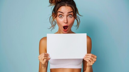 Naklejka premium A young woman with a surprised expression holds a blank sign in front of her. The sign is perfect for adding your own text or images. This photo is ideal for advertising, promotions, or social media p
