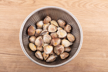 Fresh large clams in a steel basin