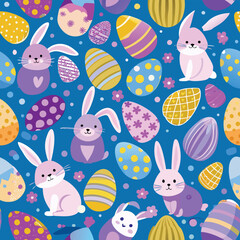 Easter seamless pattern icons with colorful eggs, flowers, bunnies and butterfly.Adobe Illustrator Artwork