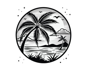 silhouette beach logo, black white, circle, isolated on white background ai generated