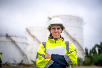 Engineers wearing safety gear, including hard hats examining survey a large blueprint laptop standing industrial facility oil refinery engaged in a job that requires high safety standards.