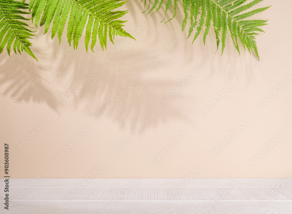 Fototapete Template with empty table and wall with leaves shadow