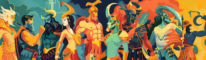 This illustration portrays a diverse group of gods and goddesses with intricate details and vibrant colors. Each figure embodies power, wisdom, and mythological stories.