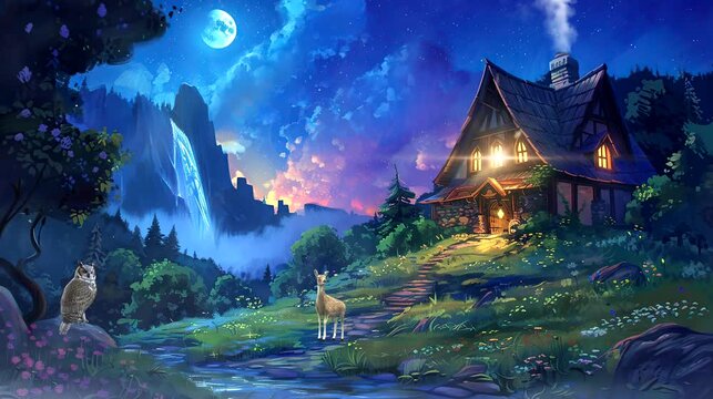 Fairy tale cottage at night with a deer and owl. Seamless loop video background