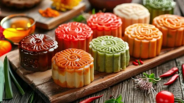Variety of colorful mooncakes on wooden board, traditional Chinese pastries for Mid-Autumn Festival or Chinese new year