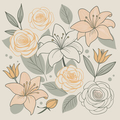 floral garden with roses and lilies seamless pattern Adobe Illustrator Artwork