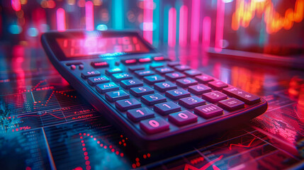 Close-up of a calculator resting on financial data charts. Colorful digital graphic style with a blurred background. Concept of finance and analytics