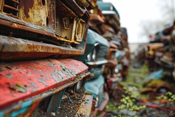 Old rusty cars in an abandoned scrapyard close up