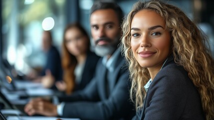 Obraz premium Confident Businesswoman In Focus During Corporate Meeting With Professional Team Seated In Background Representing Leadership And Success