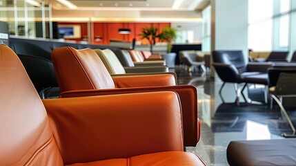 Airport lounge with rows of comfortable leather chairs, modern interior design, and bright natural lighting. Generative by AI