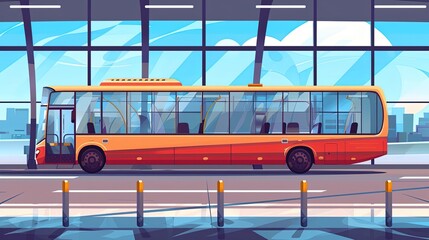Airport shuttle bus parked near terminal with airplane in background at night. Luggage on the ground and people walking. Transportation, travel, airport, night scene, journey. Generative by AI