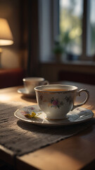 Cup of tea on table on vertical background 9.