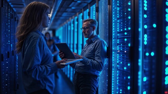 IT professionals working in data center with blue lights