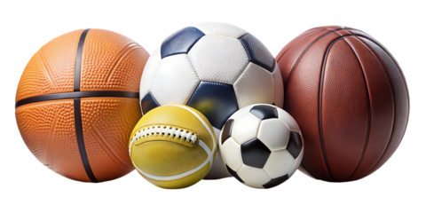 A group of four sports balls on transparent background