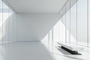 Obraz premium 3d rendering, A large white room with glass walls and concrete floor, featuring an empty bench in the center of one wall