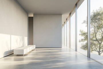 3d rendering, A large white room with glass walls and concrete floor, featuring an empty bench in the center of one wall