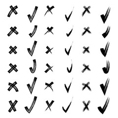 Yes and no. Brush hand drawn doodle checkmarks and crosses set collection. Scribble, pen sketches. Vector illustration. Pencil hand drawn checkmarks and little crosses.