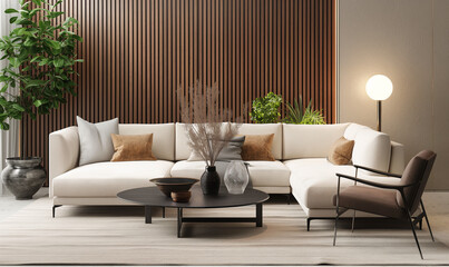 3d rendering, A minimalist living room with light beige walls, a large sofa and coffee table in neutral tones, and wooden paneling on the wall behind it