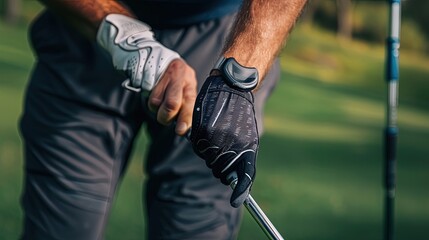 Close-up of golfer's hands holding a golf club. Green golf course in the background Generative by AI